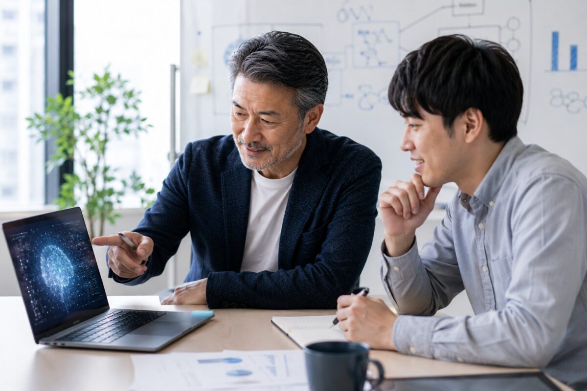 若手とシニアが一緒にAIを活用して働くオフィス