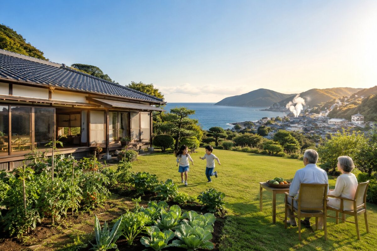 海が見える平屋と広い家庭菜園、遠くに温泉街が見える日本の田舎風景