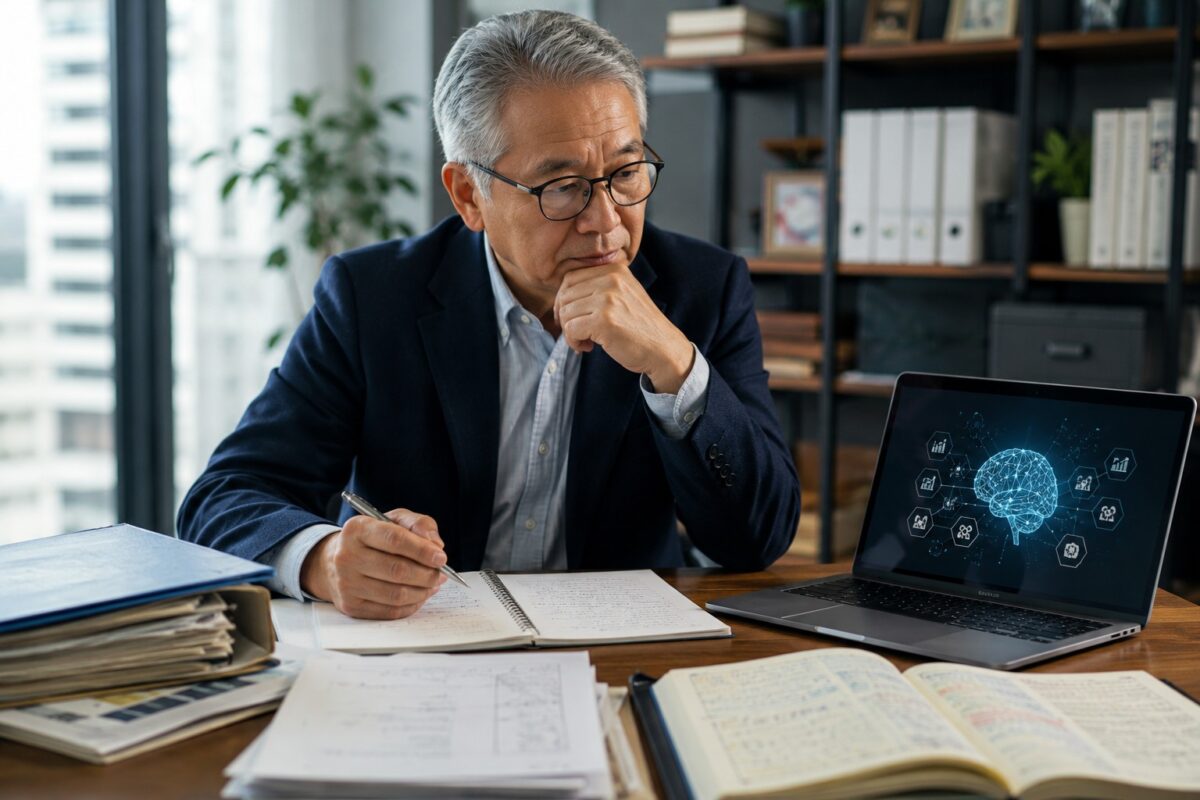 60代の日本人SEが長年の業務資料とAIを表示したノートPCを見比べながら考えている