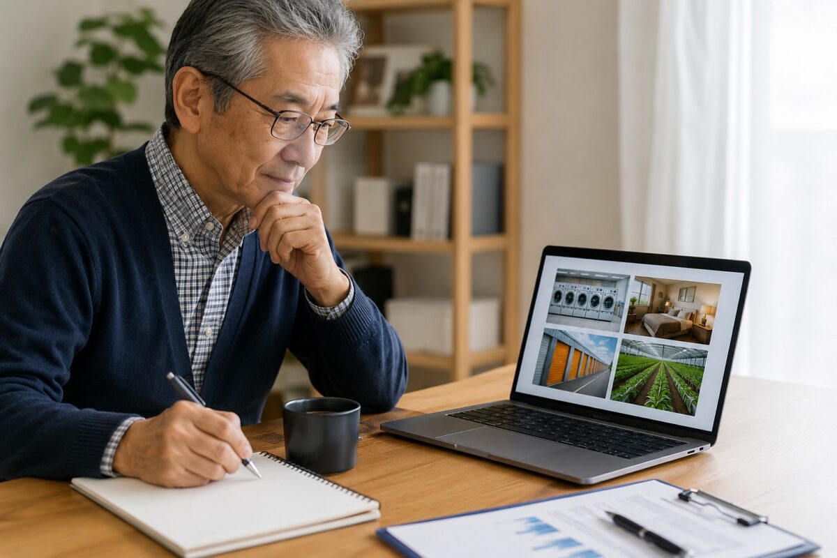 ノートPCで複数の事業モデルを比較する60代男性