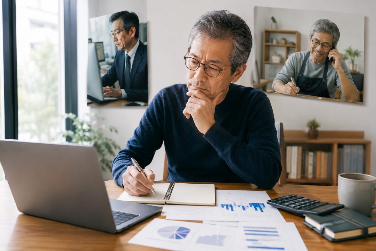 会社員としてスーツ姿の自分と、事業主として自由な服装で仕事をする自分をイメージしながら考える60代男性