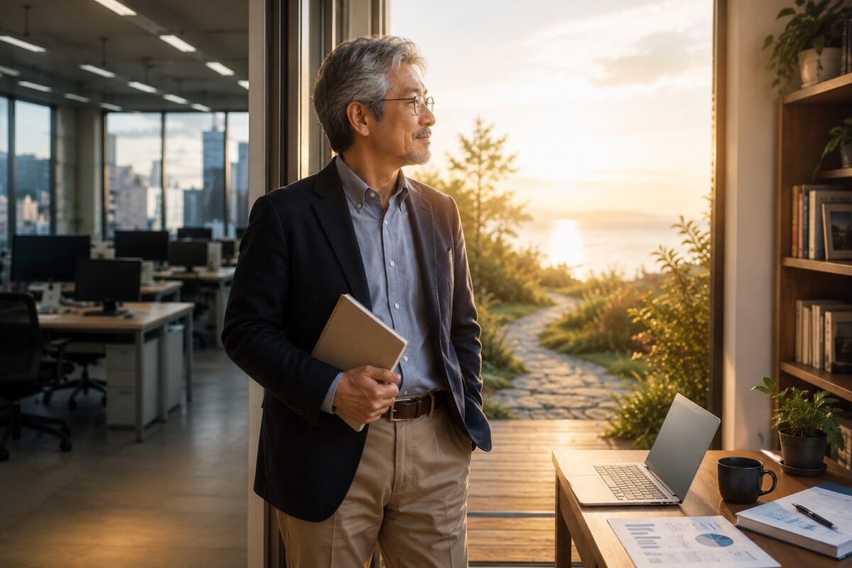 50代の日本人男性がスーツ姿で会社のオフィスを振り返りながら、反対側にはノートPCとノートを広げ、自分の未来を考えている。