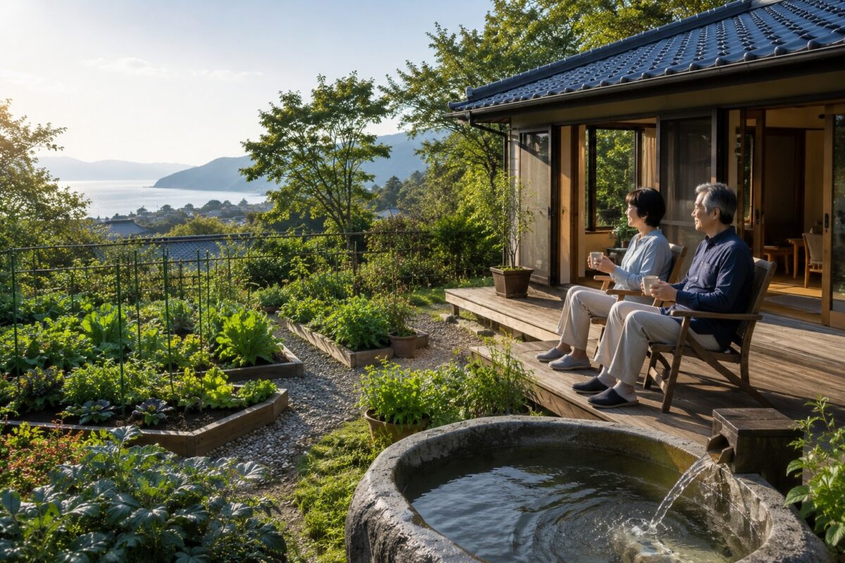 朝日が差し込む平屋の庭。家庭菜園の向こうに露天風呂があり、60代夫婦がコーヒーを飲みながら穏やかな朝を迎えている。