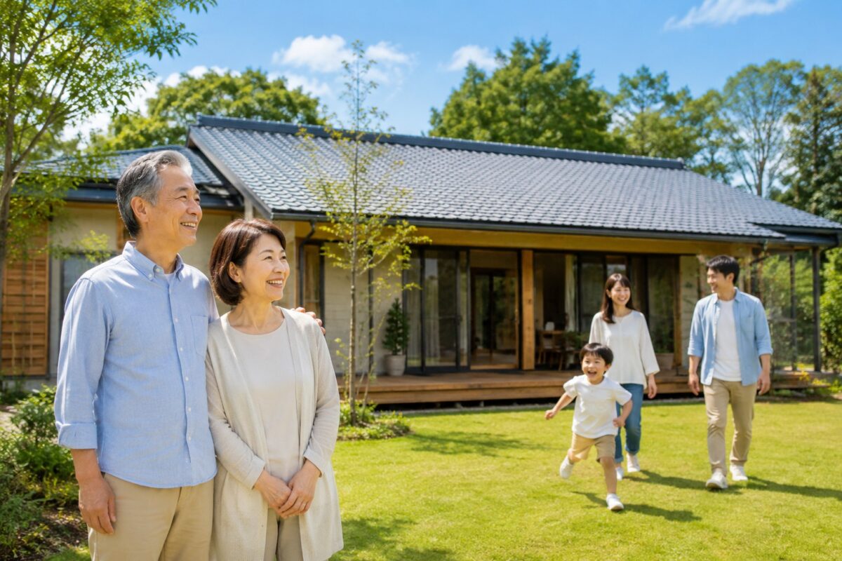 広い平屋の庭で孫が走り回り、夫婦が笑顔で見守る風景