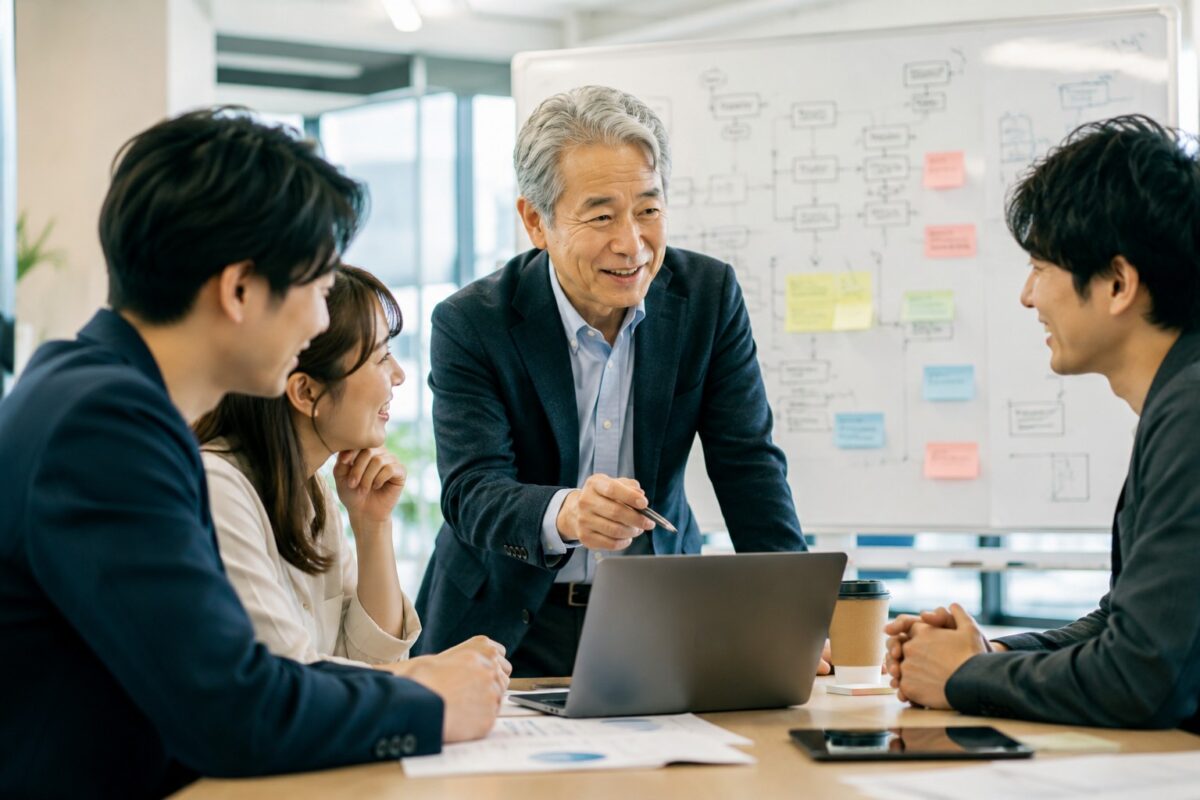 60代のシニア社員が若手とAIを使いながらホワイトボードで改善案を議論している
