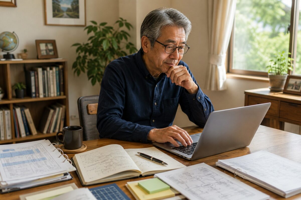 シニア男性が自宅のデスクでAIを使いながら、自分の経験を新しいサービス・小さな事業へ変えようとしている場面。