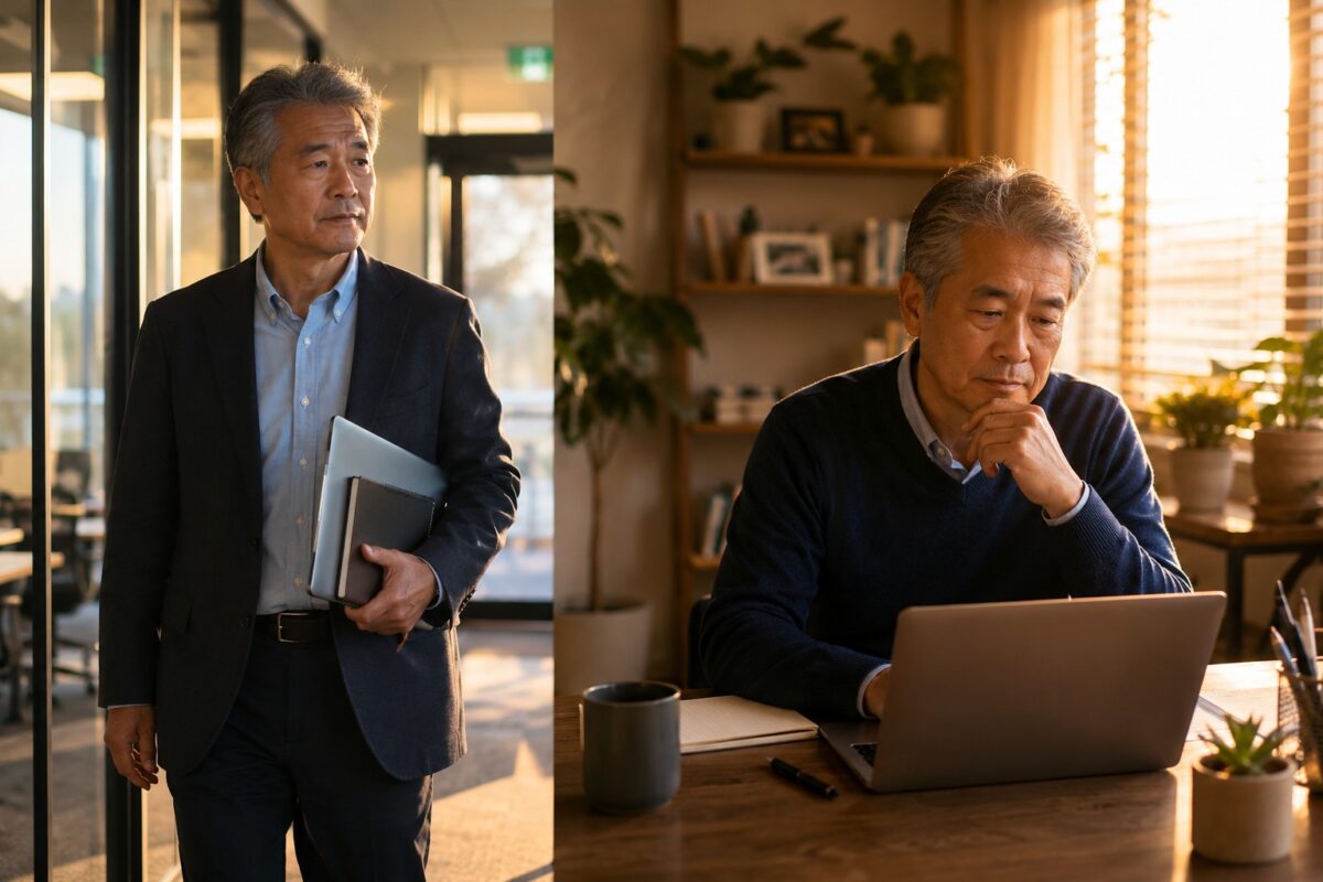 再雇用中の60代男性が、会社と自宅ワークスペースを見つめながら未来を考える様子
