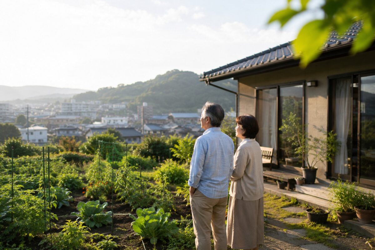 シニア夫婦が郊外の平屋の庭から少し離れた街を眺めている。