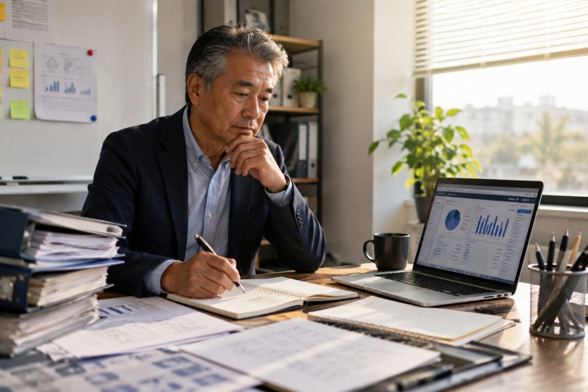 ベテランSEがAIで整理された会議記録や報告資料をPCで確認しながら、ノートに「課題・リスク・改善案」を整理している。