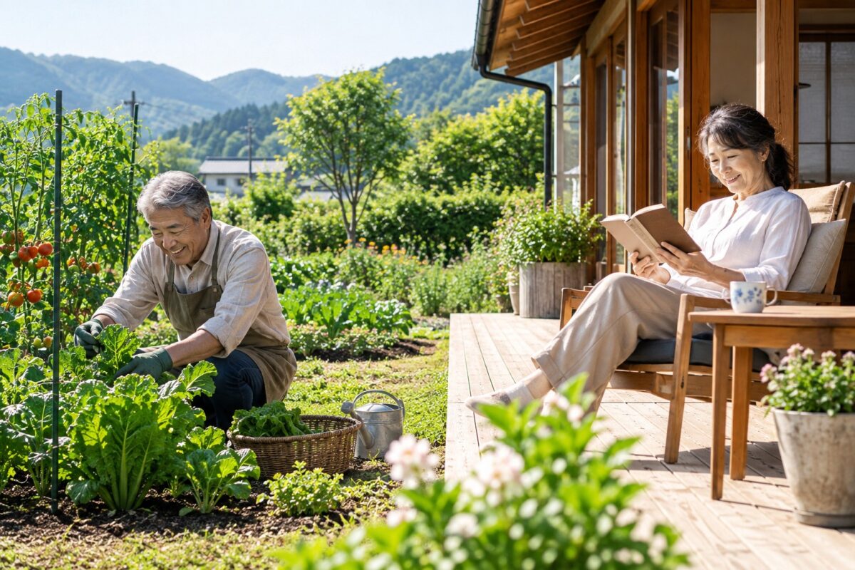 60代夫婦が同じ家のテラスで穏やかに過ごしているが、夫は家庭菜園、妻は読書や自分の時間を楽しんでいる
