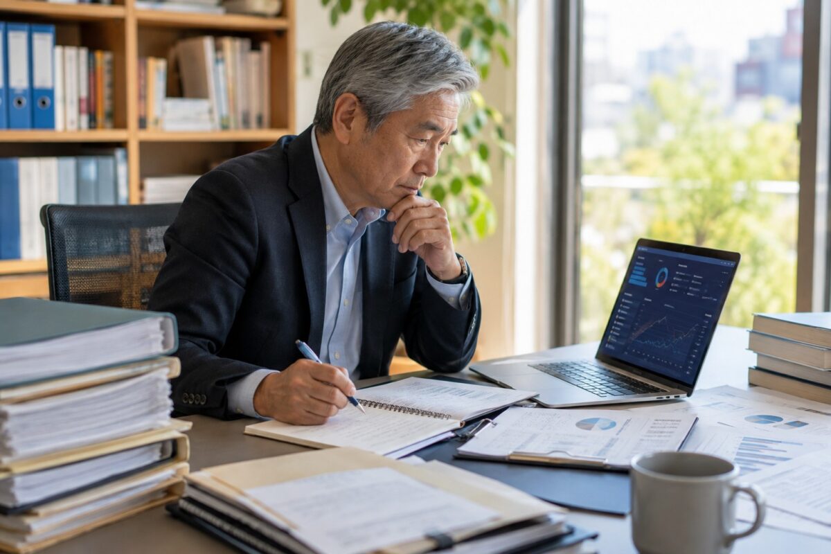 50代SEが、AIによって整理されたプロジェクト報告書をPCで確認しながら、重要な課題・リスクをノートに書き出している。