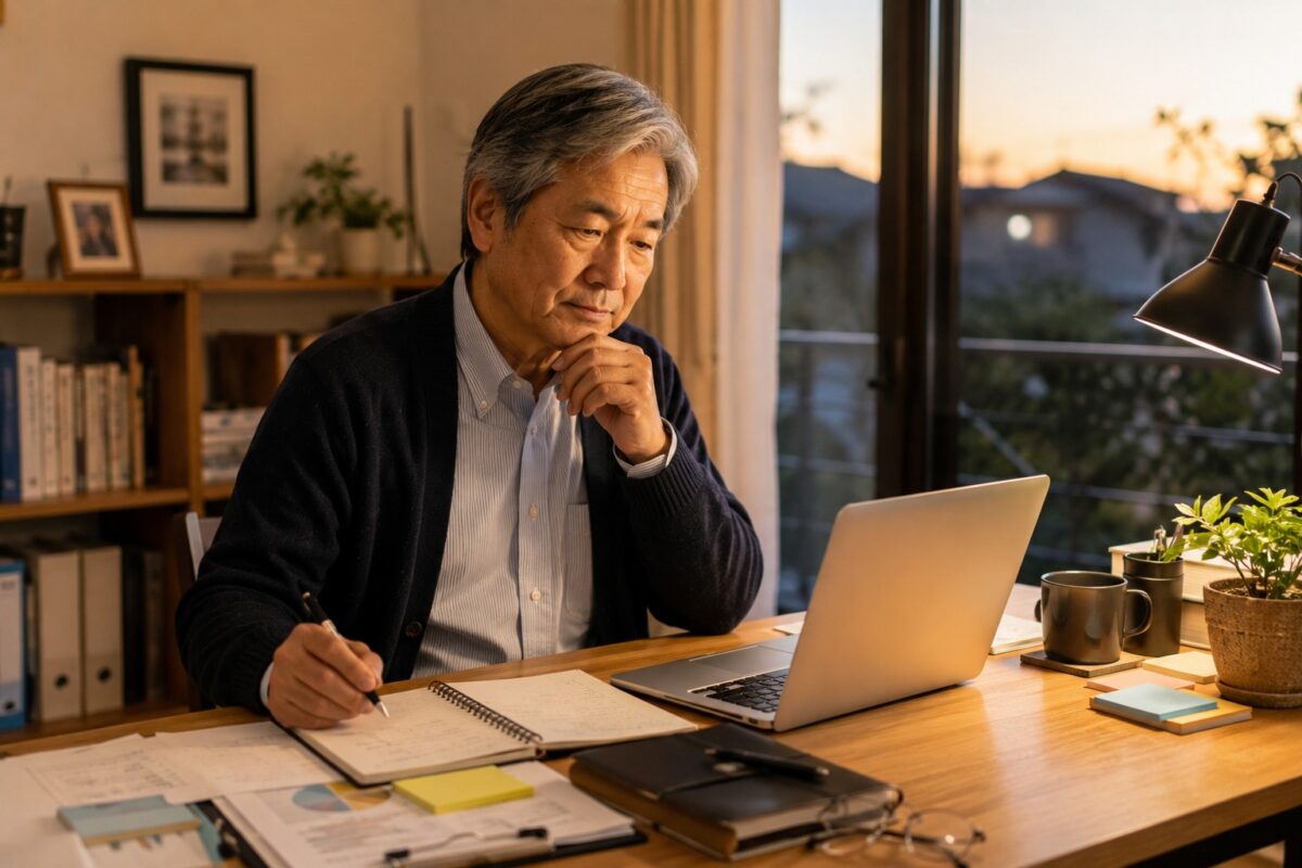 50代の男性が会社から帰宅後、自宅の机でPCとノートを使い、自分の小さな事業を考えている。会社員と事業主の間にいる現在を表現。