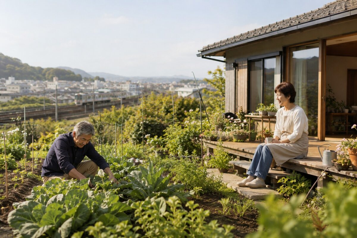 60代夫婦が家庭菜園のある郊外の平屋で暮らしている。遠景には街並みも見え、「自然を楽しみながら都市とのつながりも残す」イメージ。
