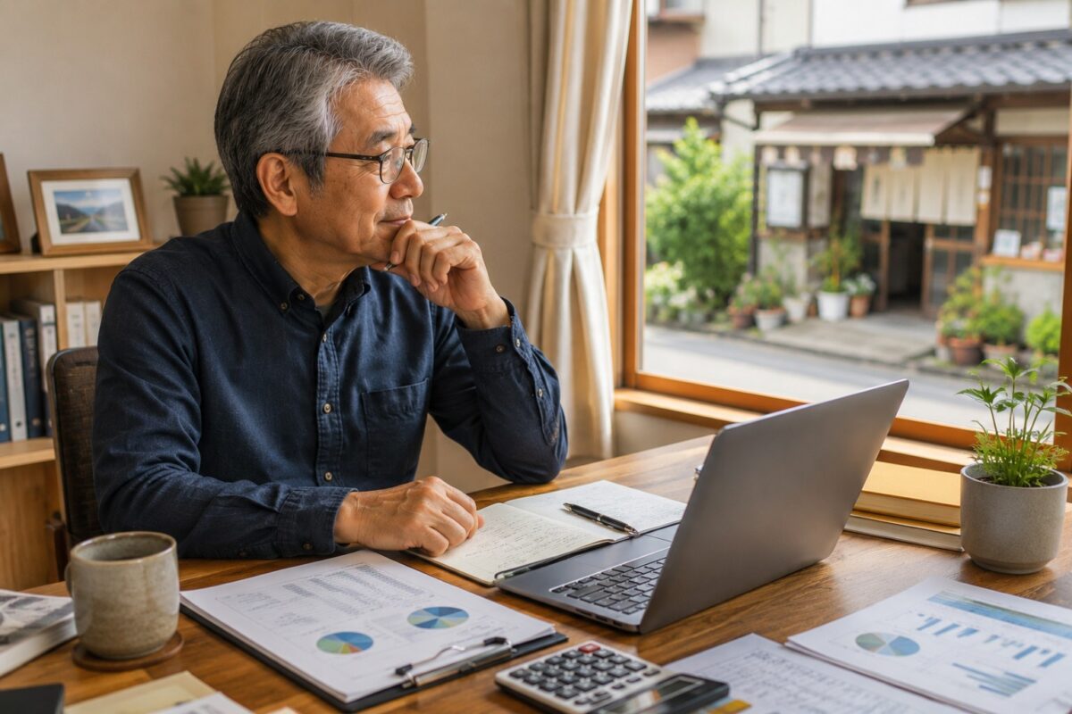 60代男性が、自宅の机でノートPCとノートを前に、副業・独立・既存の小さな店を引き継ぐことなど、人生後半の事業の選択肢を考えている。