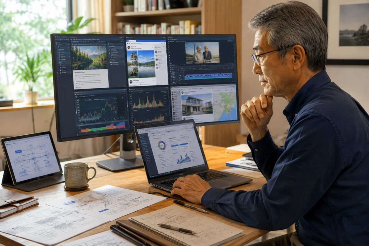 50代のシニア男性が自宅のデスクでAIを操作している